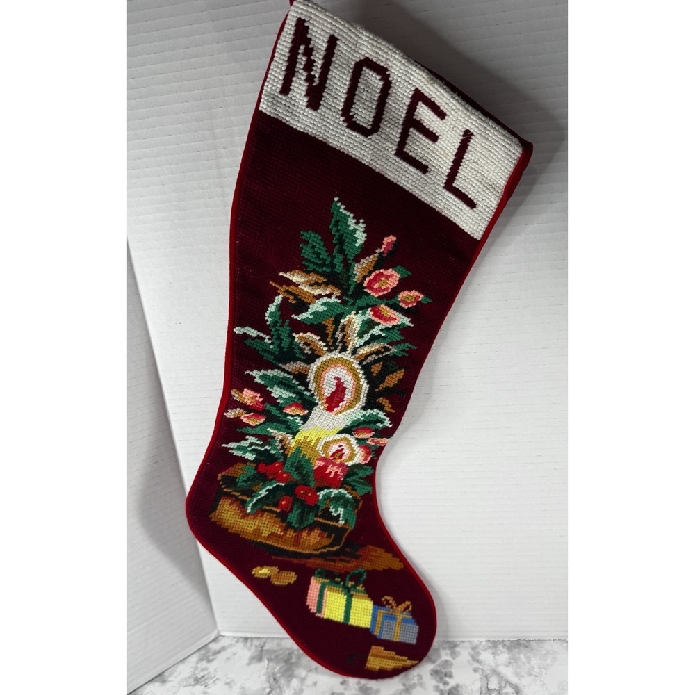 Vintage Needlepoint Christmas Stocking Red Velvet Noel Candles Cottagecore